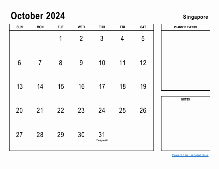 October 2024 Printable Monthly Calendar with Singapore Holidays