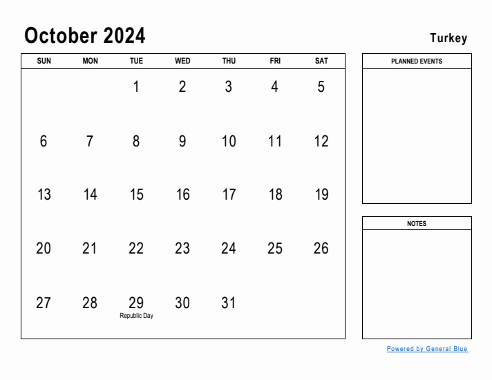 October 2024 Printable Monthly Calendar with Turkey Holidays