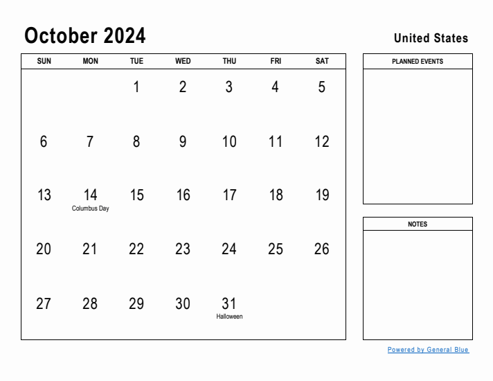 October 2024 Printable Monthly Calendar with United States Holidays