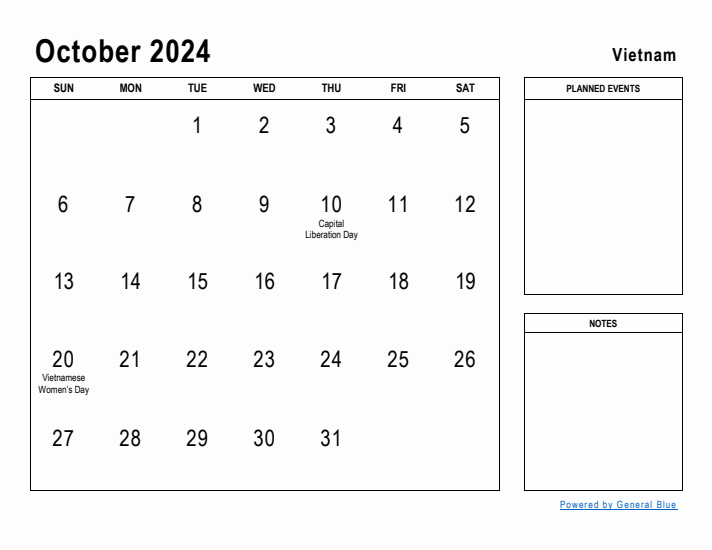 October 2024 Printable Monthly Calendar with Vietnam Holidays