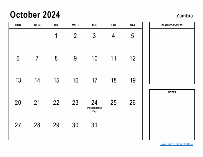 October 2024 Printable Monthly Calendar with Zambia Holidays