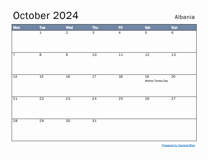 October 2024 Simple Monthly Calendar for Albania