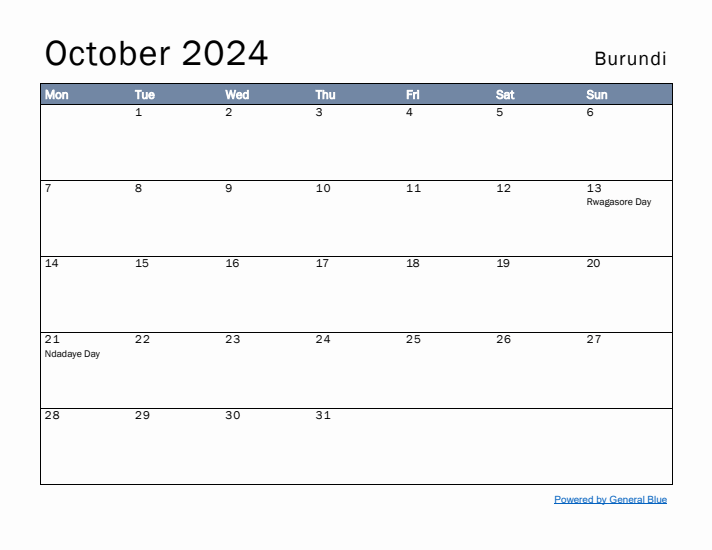 October 2024 Simple Monthly Calendar for Burundi