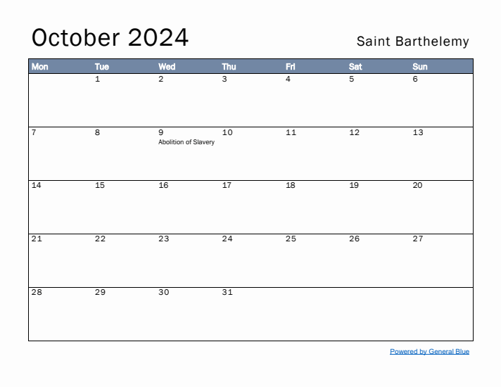 October 2024 Simple Monthly Calendar for Saint Barthelemy