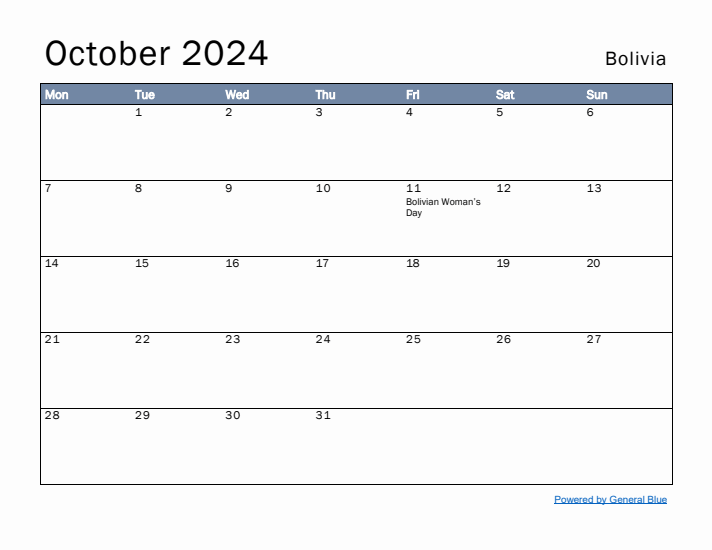 October 2024 Simple Monthly Calendar for Bolivia