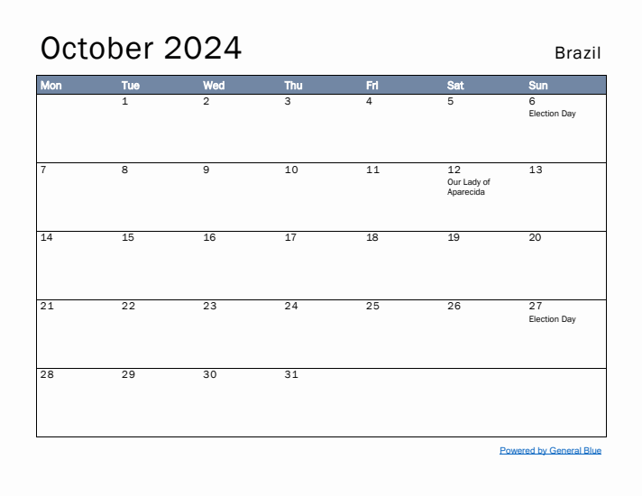 October 2024 Simple Monthly Calendar for Brazil