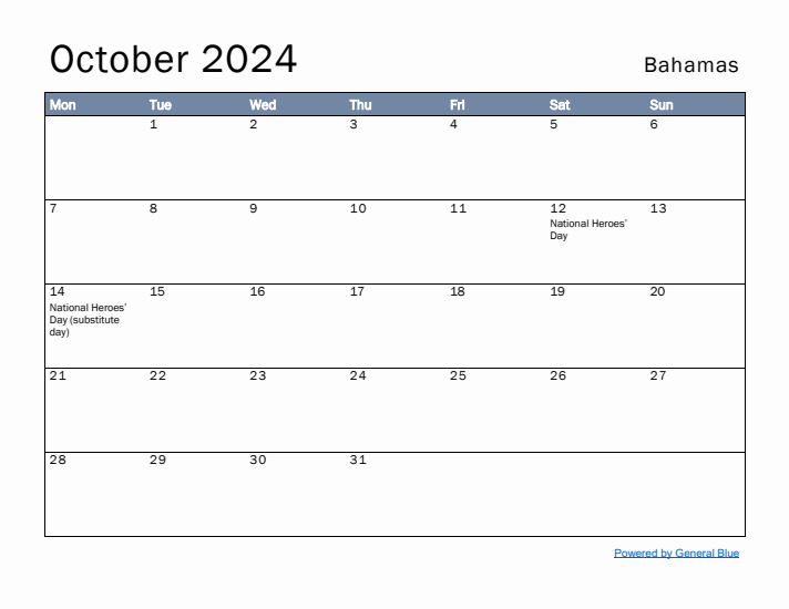 October 2024 Simple Monthly Calendar for Bahamas