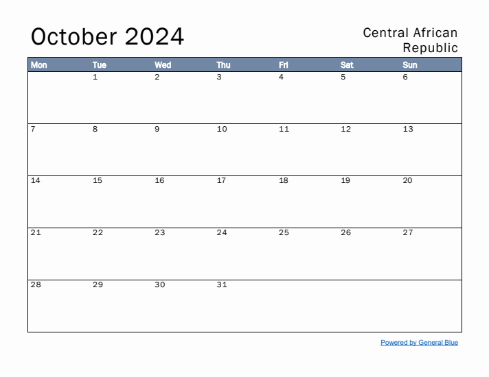 October 2024 Simple Monthly Calendar for Central African Republic