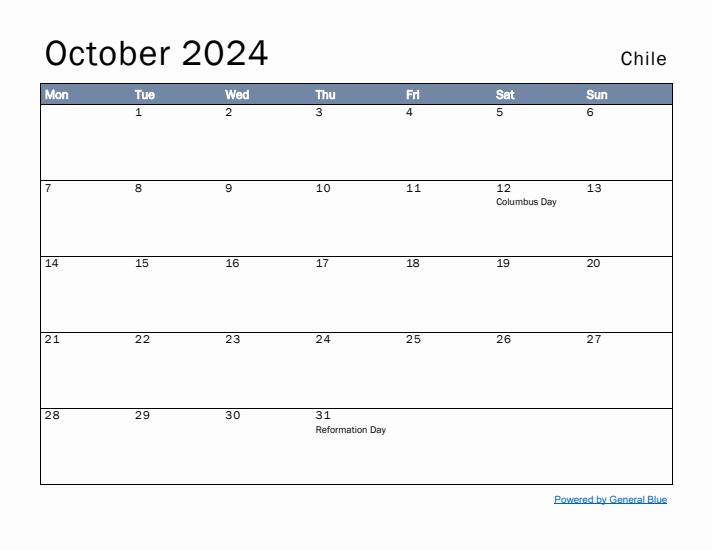 October 2024 Simple Monthly Calendar for Chile