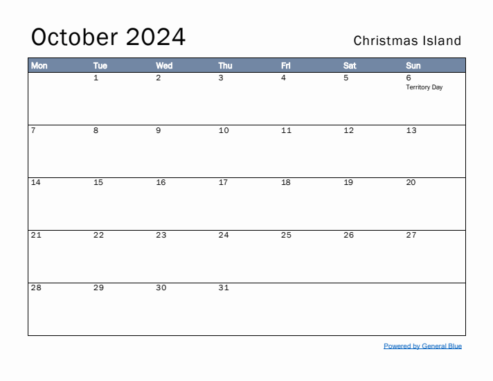 October 2024 Simple Monthly Calendar for Christmas Island