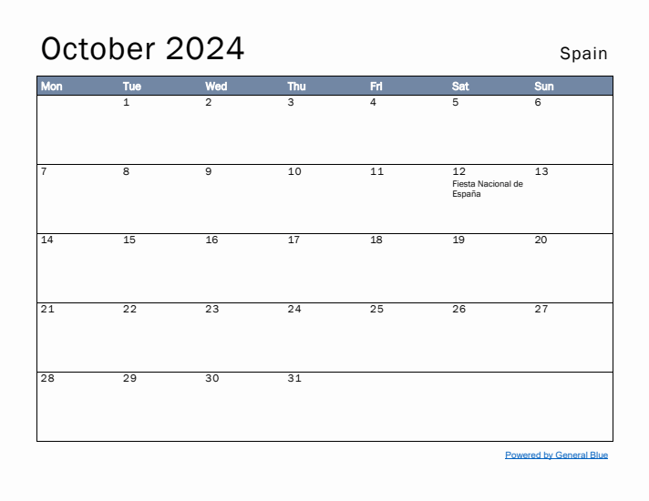 October 2024 Simple Monthly Calendar for Spain