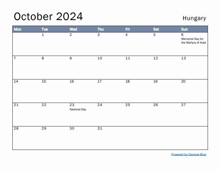 October 2024 Simple Monthly Calendar for Hungary