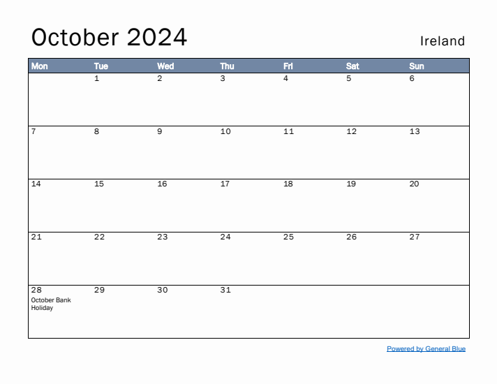 October 2024 Simple Monthly Calendar for Ireland