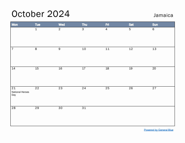 October 2024 Simple Monthly Calendar for Jamaica