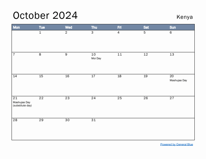 October 2024 Simple Monthly Calendar for Kenya