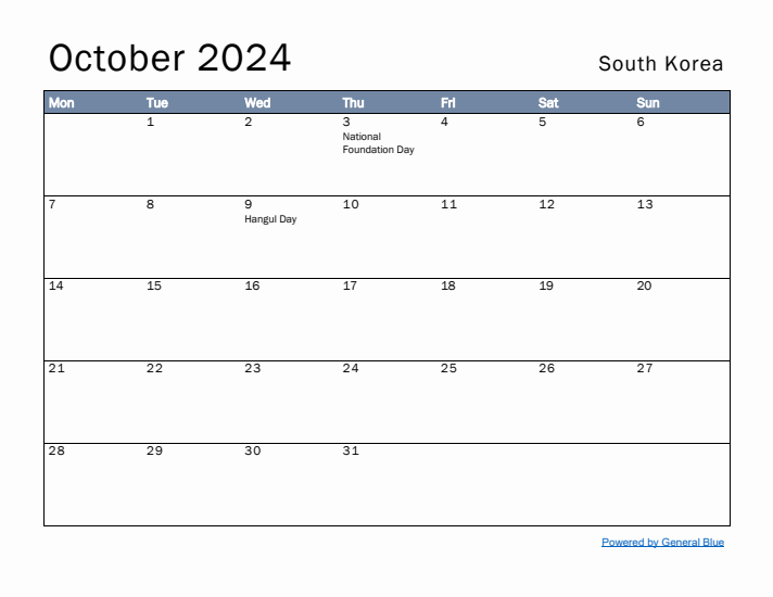 October 2024 Simple Monthly Calendar for South Korea