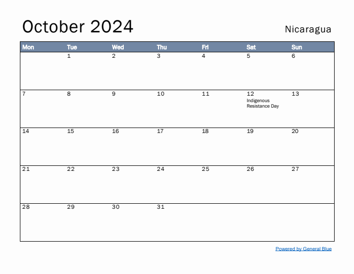 October 2024 Simple Monthly Calendar for Nicaragua