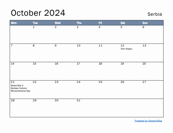 October 2024 Simple Monthly Calendar for Serbia