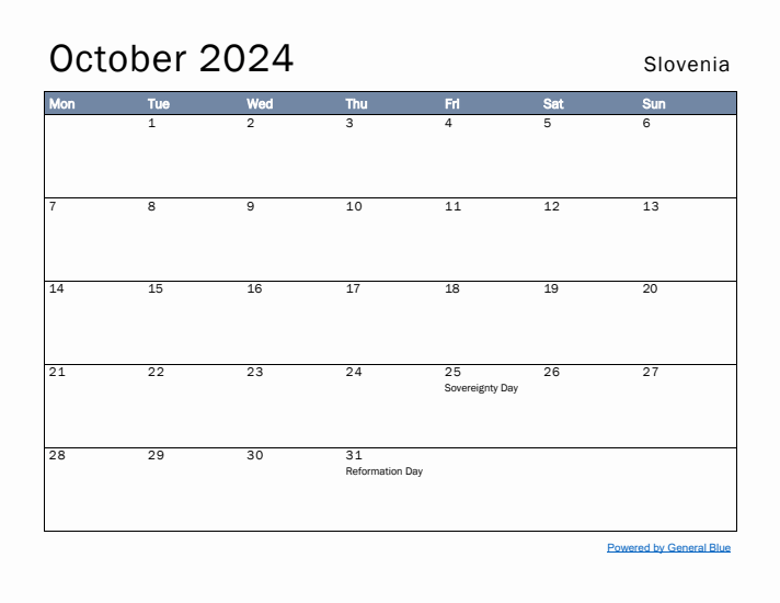 October 2024 Simple Monthly Calendar for Slovenia