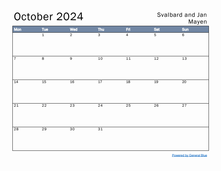 October 2024 Simple Monthly Calendar for Svalbard and Jan Mayen