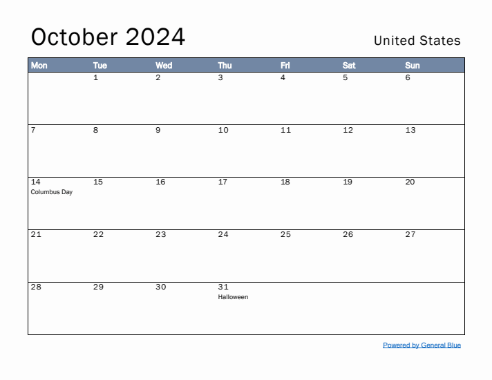 October 2024 Simple Monthly Calendar for United States