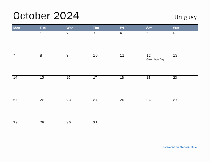 October 2024 Simple Monthly Calendar for Uruguay