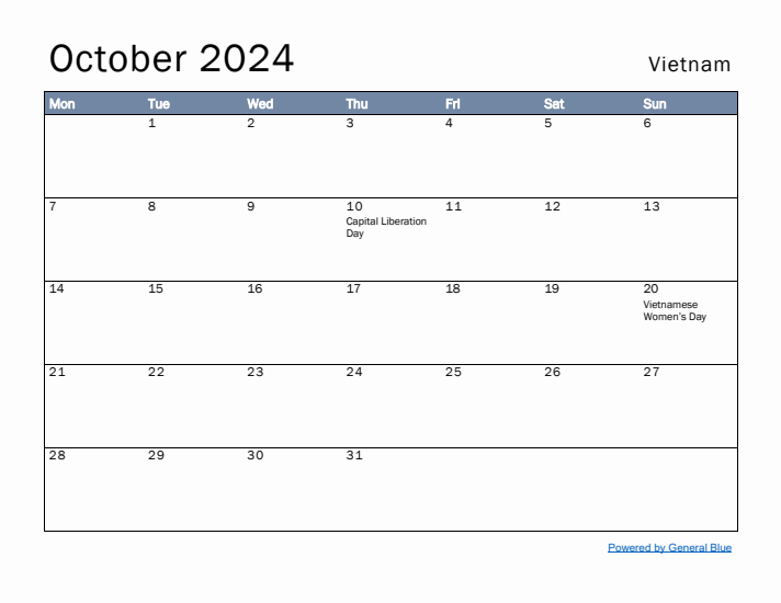 October 2024 Simple Monthly Calendar for Vietnam