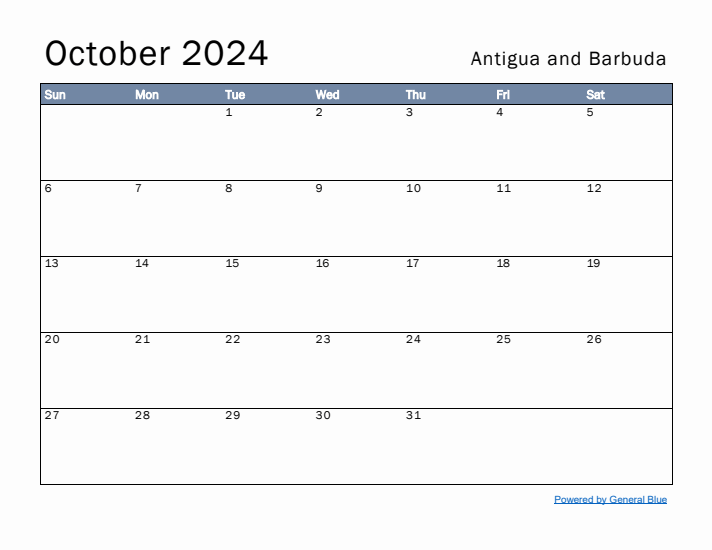 October 2024 Simple Monthly Calendar for Antigua and Barbuda