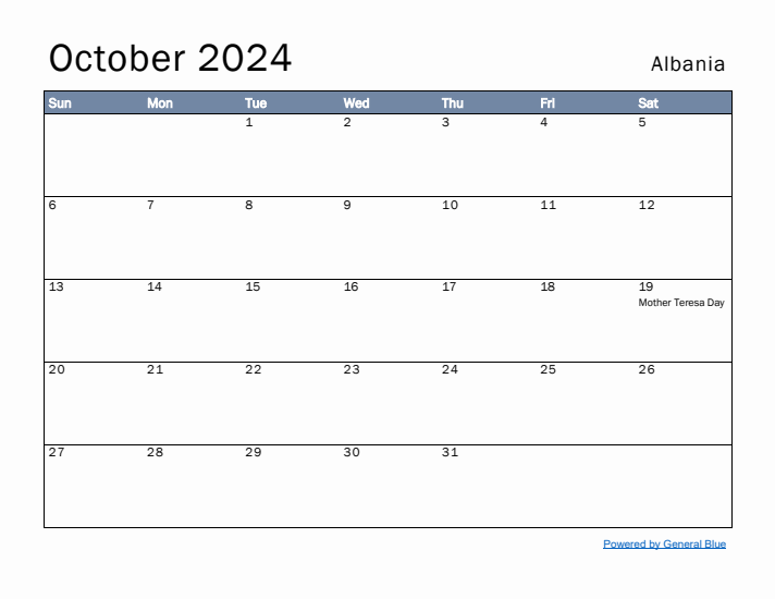 October 2024 Simple Monthly Calendar for Albania