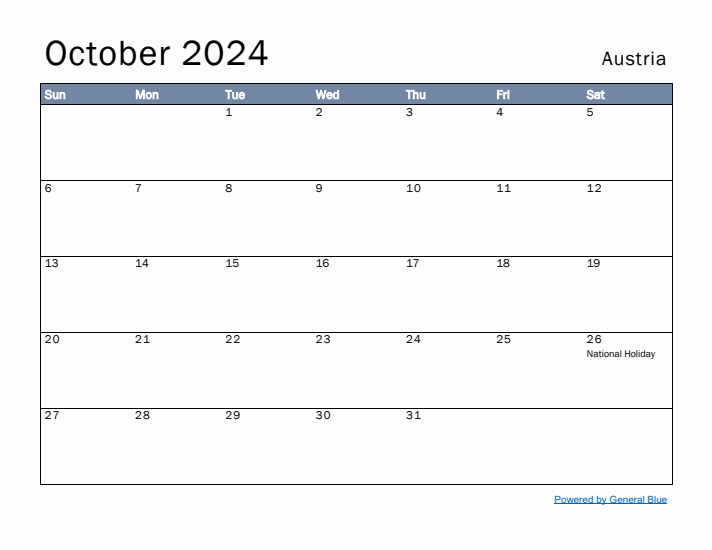 October 2024 Simple Monthly Calendar for Austria