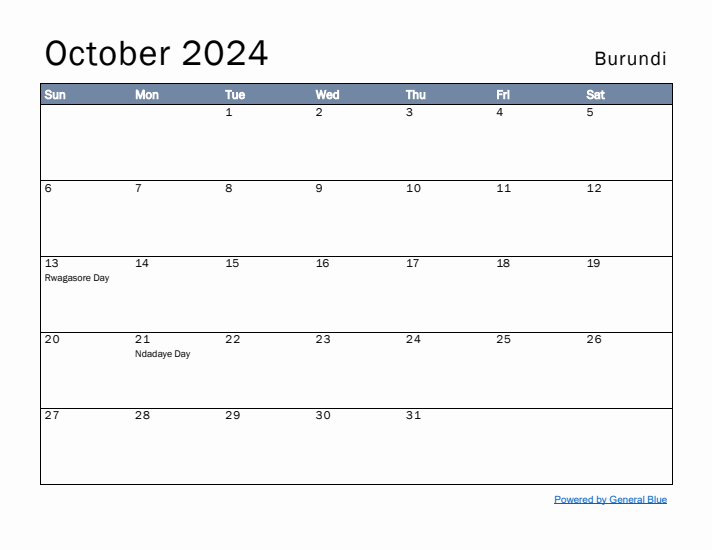 October 2024 Simple Monthly Calendar for Burundi