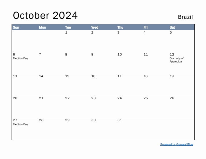 October 2024 Simple Monthly Calendar for Brazil