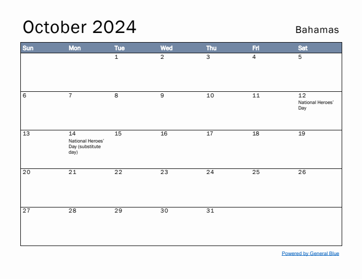 October 2024 Simple Monthly Calendar for Bahamas