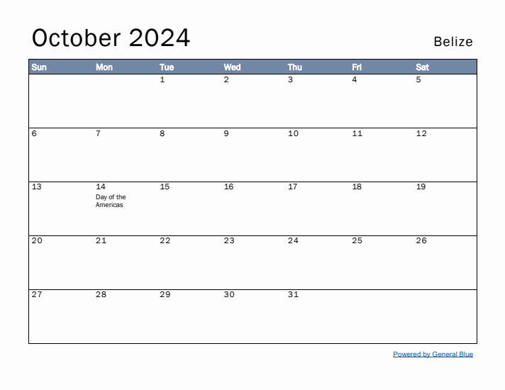 October 2024 Simple Monthly Calendar for Belize