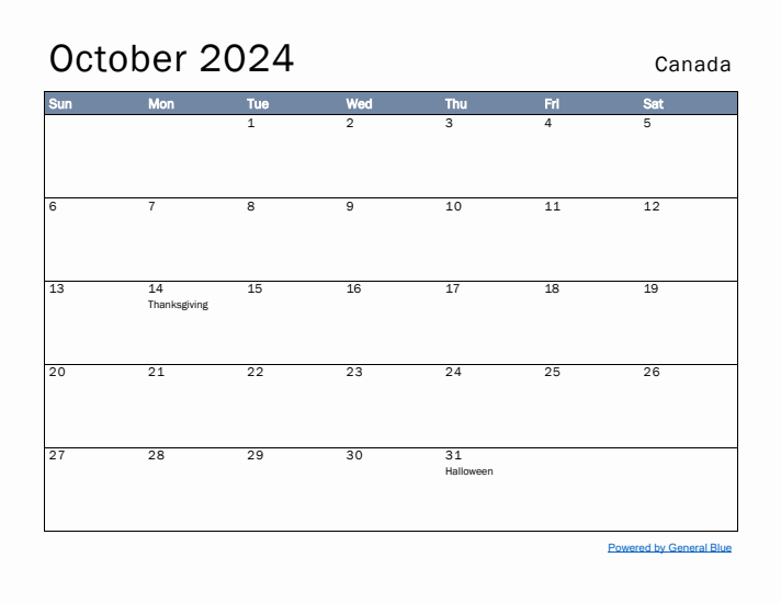 October 2024 Simple Monthly Calendar for Canada