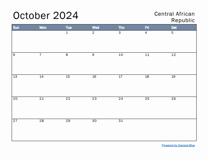 October 2024 Simple Monthly Calendar for Central African Republic