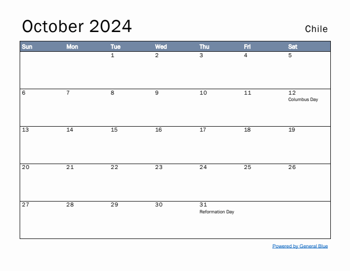 October 2024 Simple Monthly Calendar for Chile