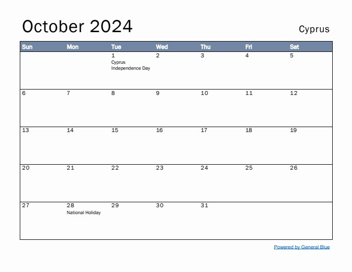 October 2024 Simple Monthly Calendar for Cyprus