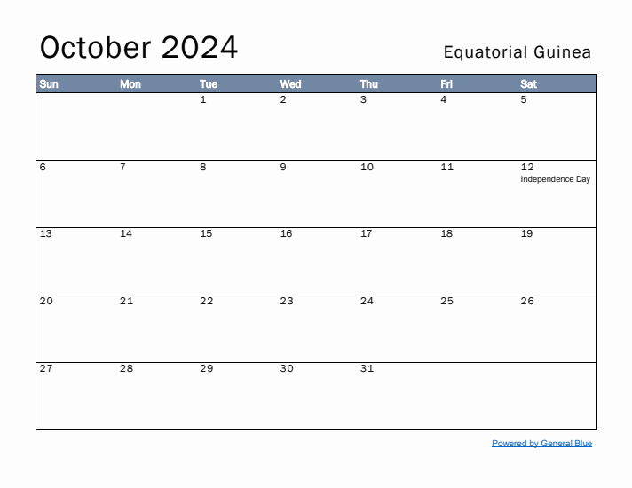 October 2024 Simple Monthly Calendar for Equatorial Guinea