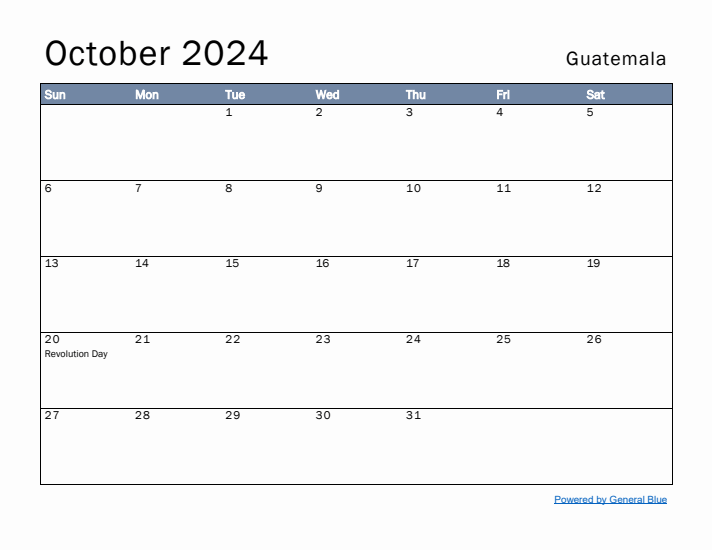 October 2024 Simple Monthly Calendar for Guatemala