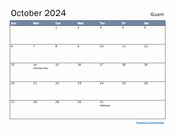 October 2024 Simple Monthly Calendar for Guam