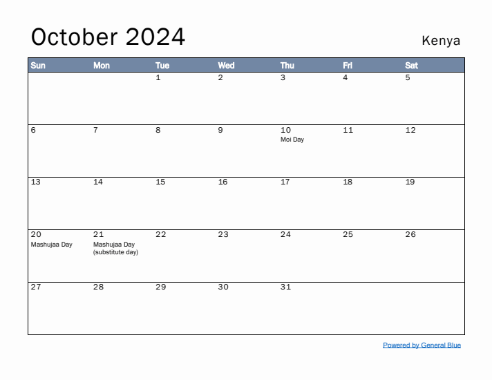 October 2024 Simple Monthly Calendar for Kenya