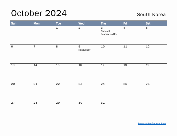 October 2024 Simple Monthly Calendar for South Korea