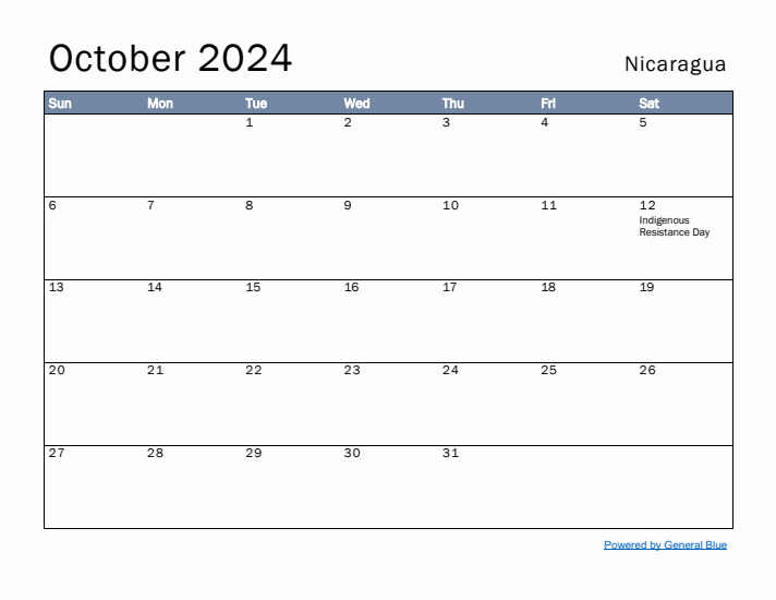 October 2024 Simple Monthly Calendar for Nicaragua