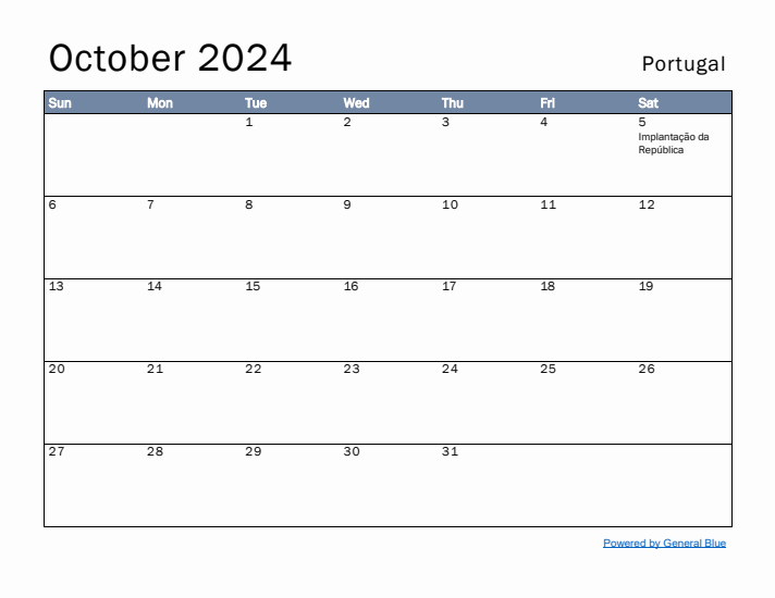 October 2024 Simple Monthly Calendar for Portugal