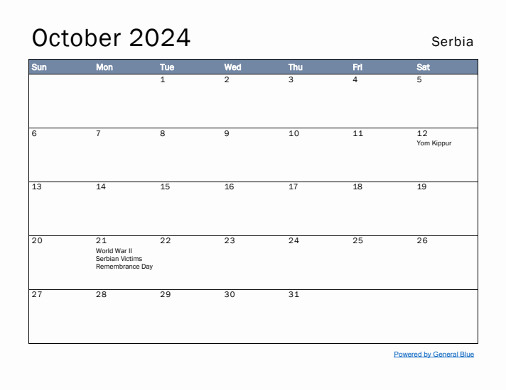 October 2024 Simple Monthly Calendar for Serbia