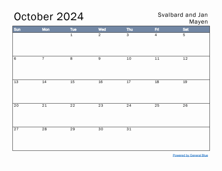 October 2024 Simple Monthly Calendar for Svalbard and Jan Mayen