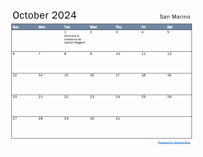 October 2024 Simple Monthly Calendar for San Marino