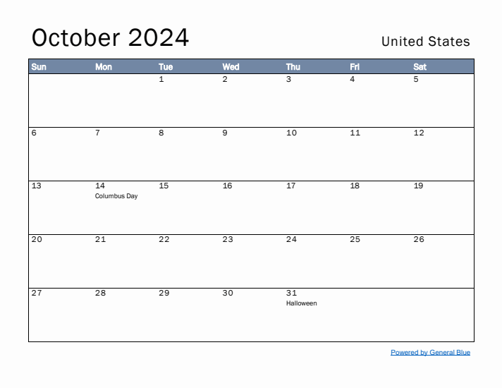 October 2024 Simple Monthly Calendar for United States