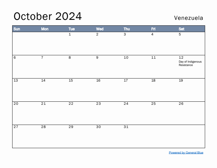 October 2024 Simple Monthly Calendar for Venezuela